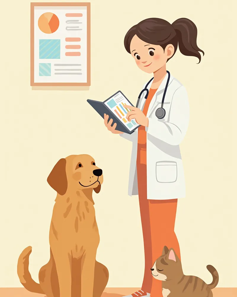 수의사가 태블릿으로 영양 자료를 검토하는 장면