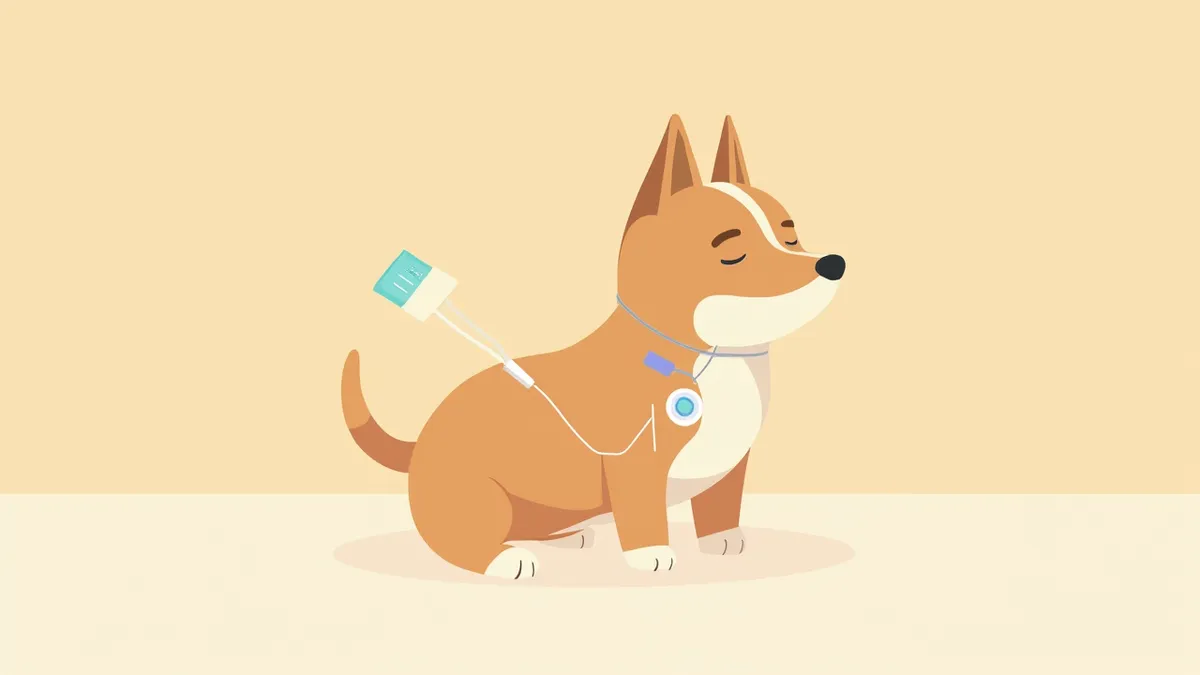 가슴 털을 일부 밀고 심전도 전극을 부착받는 강아지