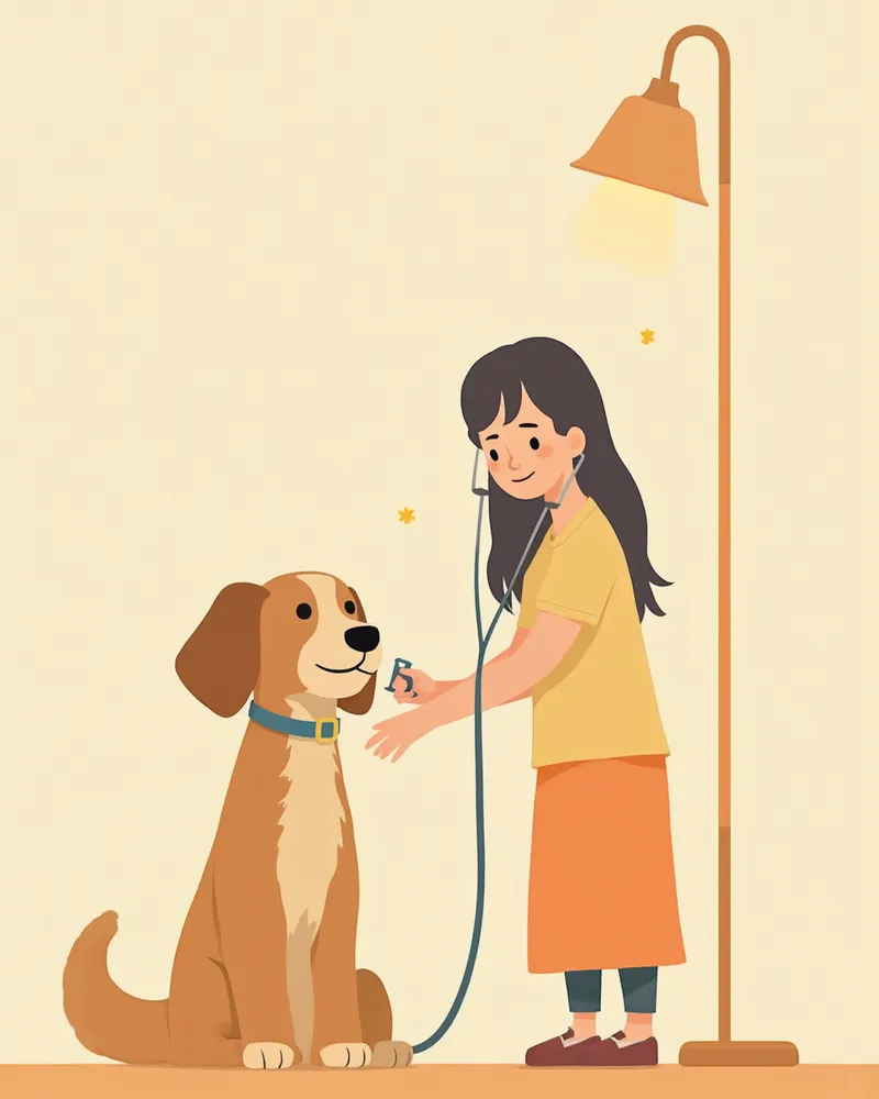 조용한 방에서 청진기로 강아지 가슴을 진찰하는 모습