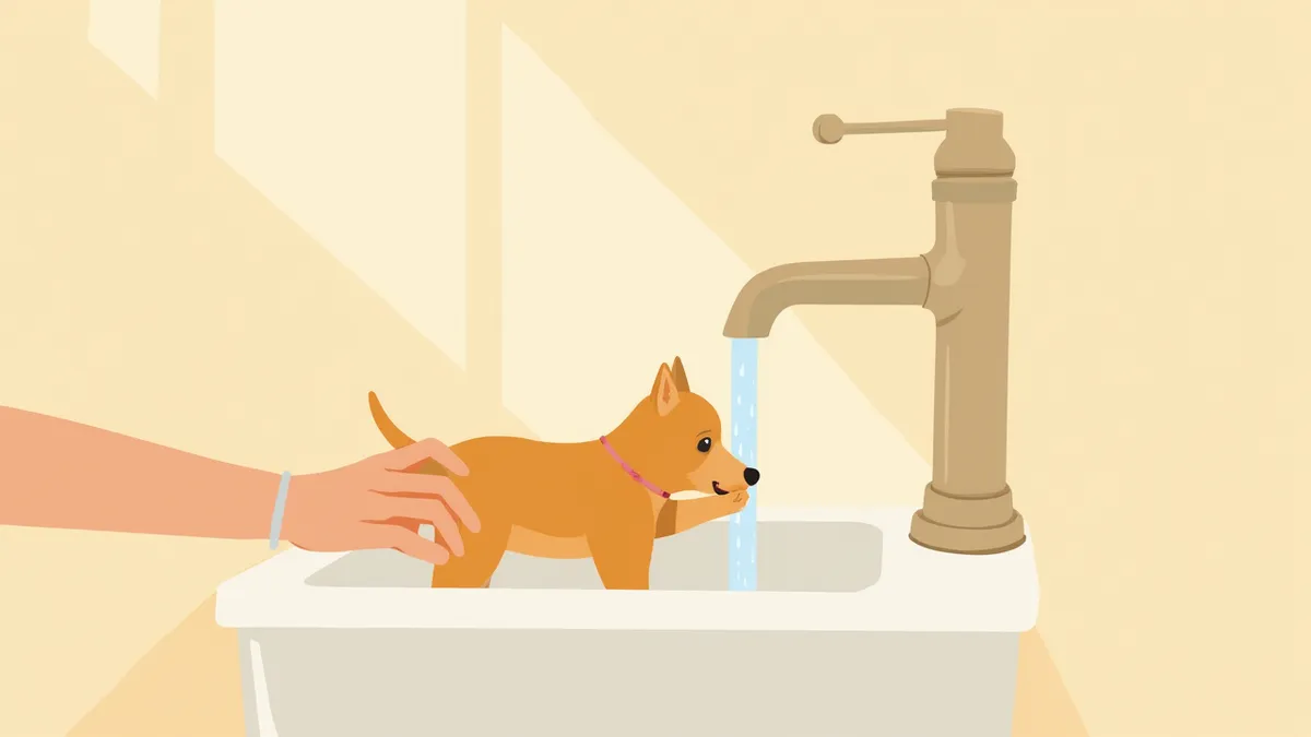 싱크대에서 미지근한 물로 강아지 앞발을 식히는 응급처치 장면