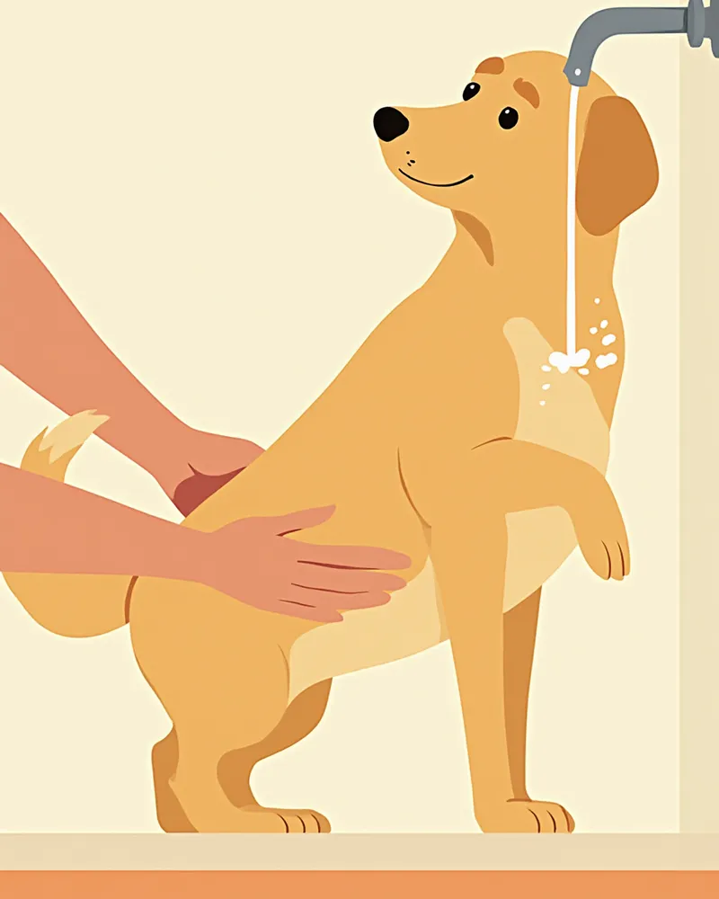 욕실에서 강아지 뒷다리에 미지근한 물을 흘려 식히는 냉각 처치 장면