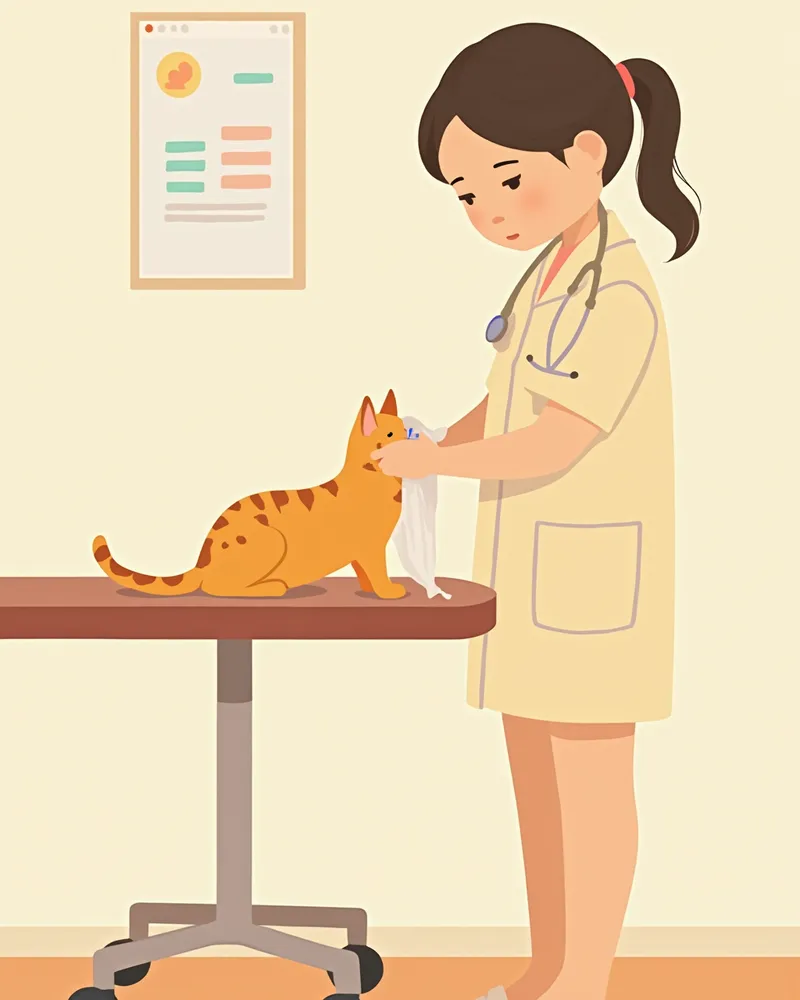 동물병원에서 고양이 앞발에 멸균 거즈를 감아주는 화상 치료 장면