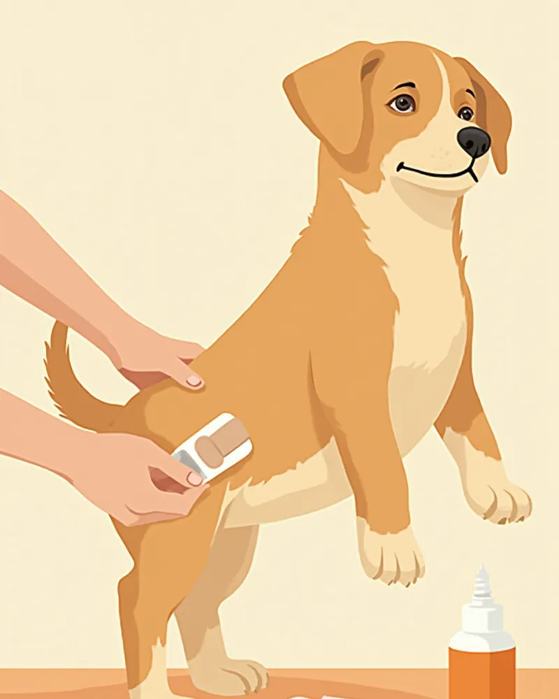 강아지 다리에 붕대를 감아주는 보호자의 손