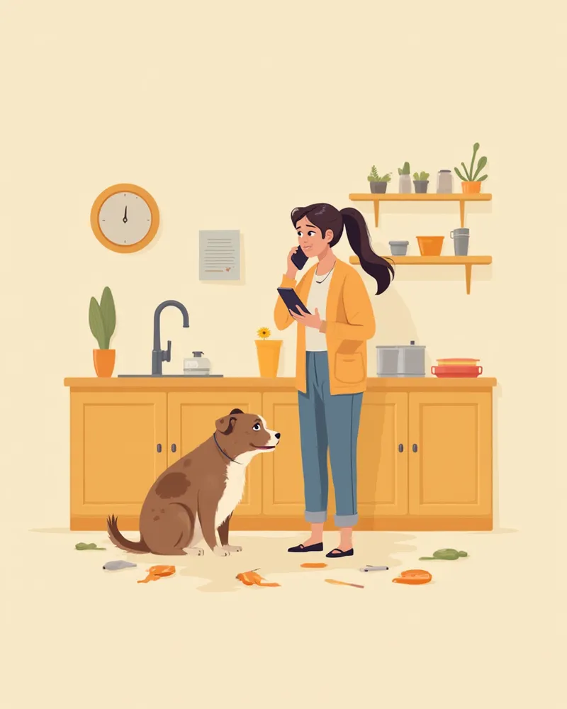 중독 의심 상황에서 응급센터에 전화하는 보호자와 강아지