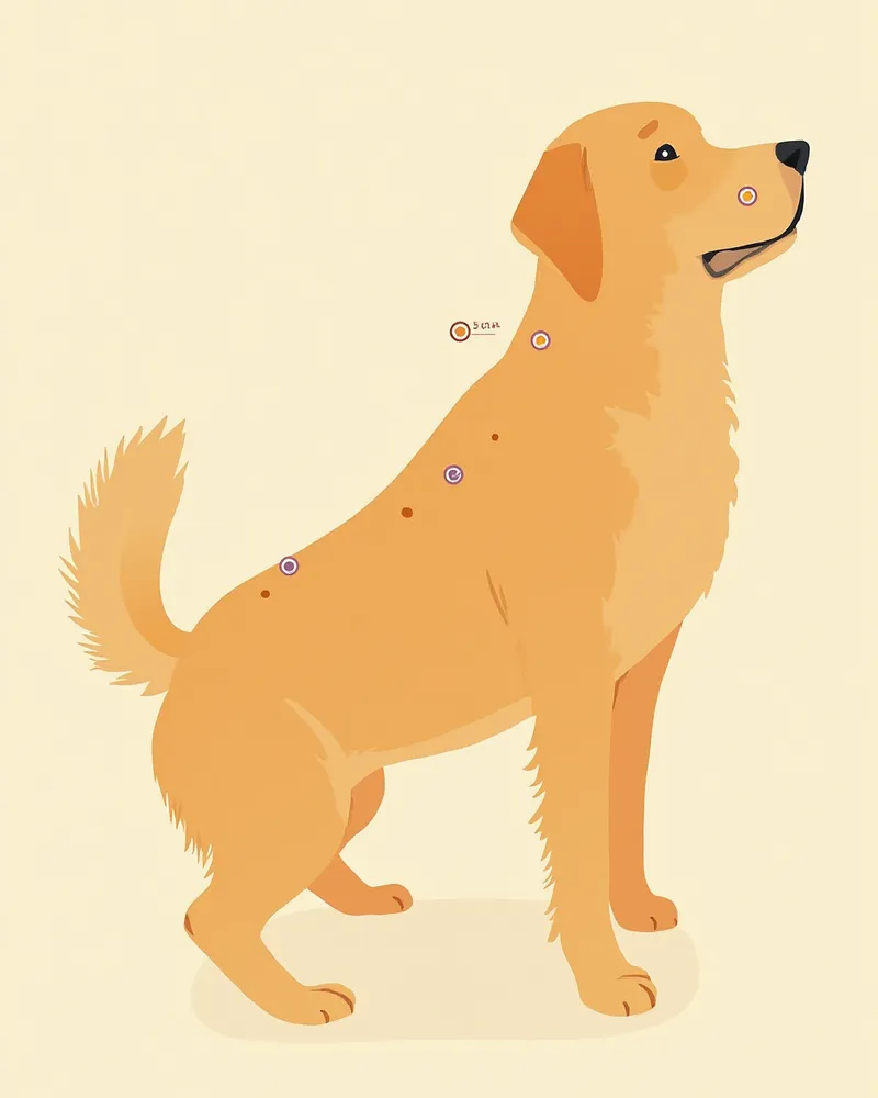 강아지 몸의 다섯 곳 표재성 림프절 위치를 보여주는 해부학 그림