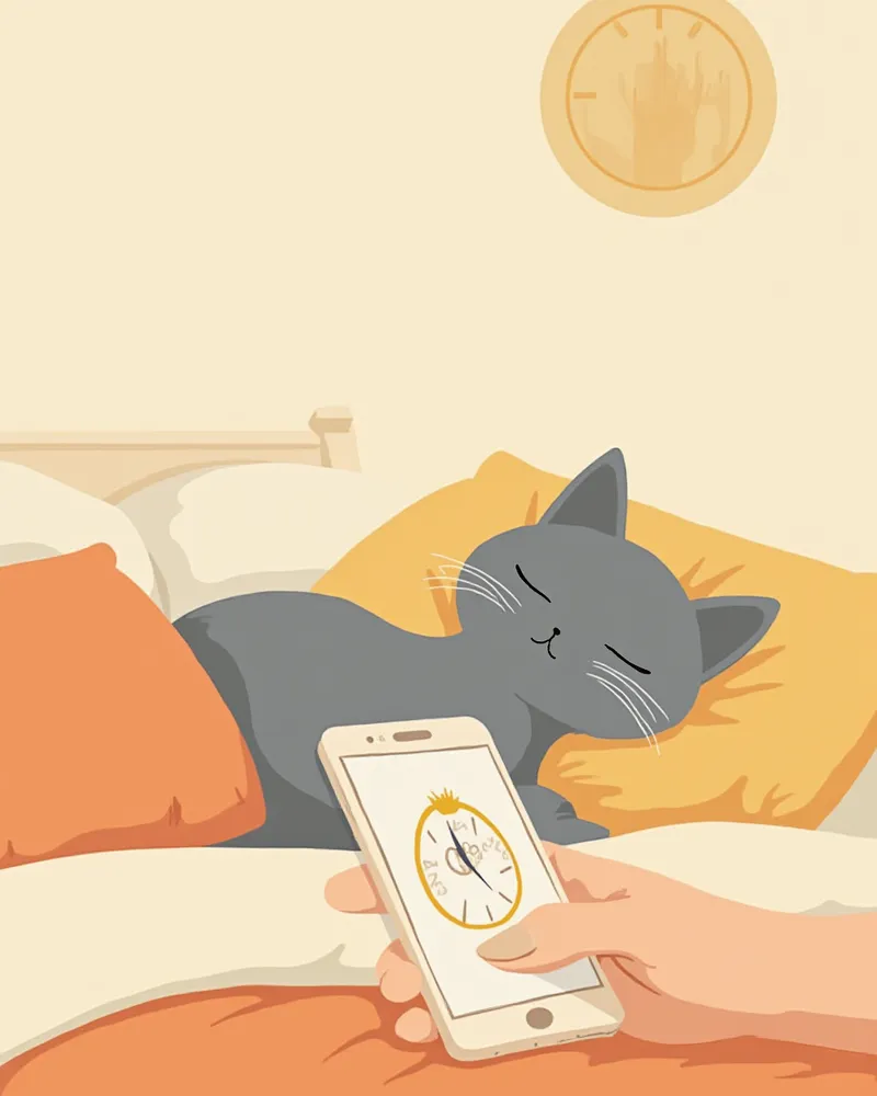 잠자는 고양이의 가슴 움직임을 스마트폰으로 측정하는 보호자의 손