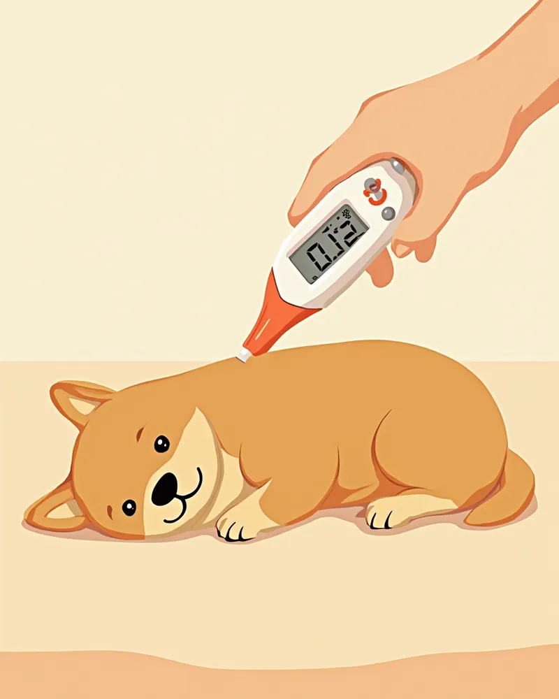 디지털 체온계로 강아지 직장 체온을 재는 보호자의 손