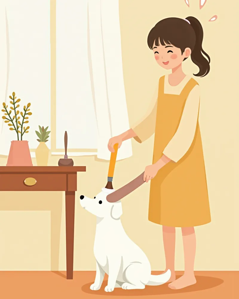 집에서 강아지를 빗질하는 보호자