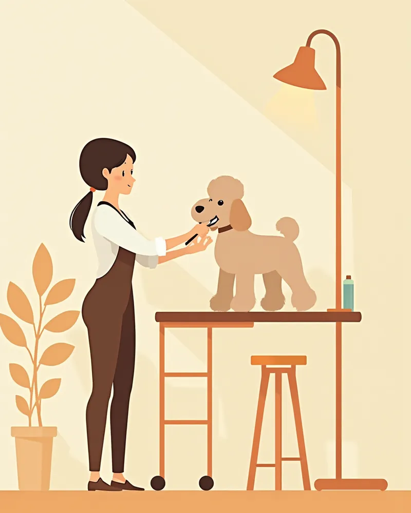 미용실에서 푸들을 손질하는 전문 미용사