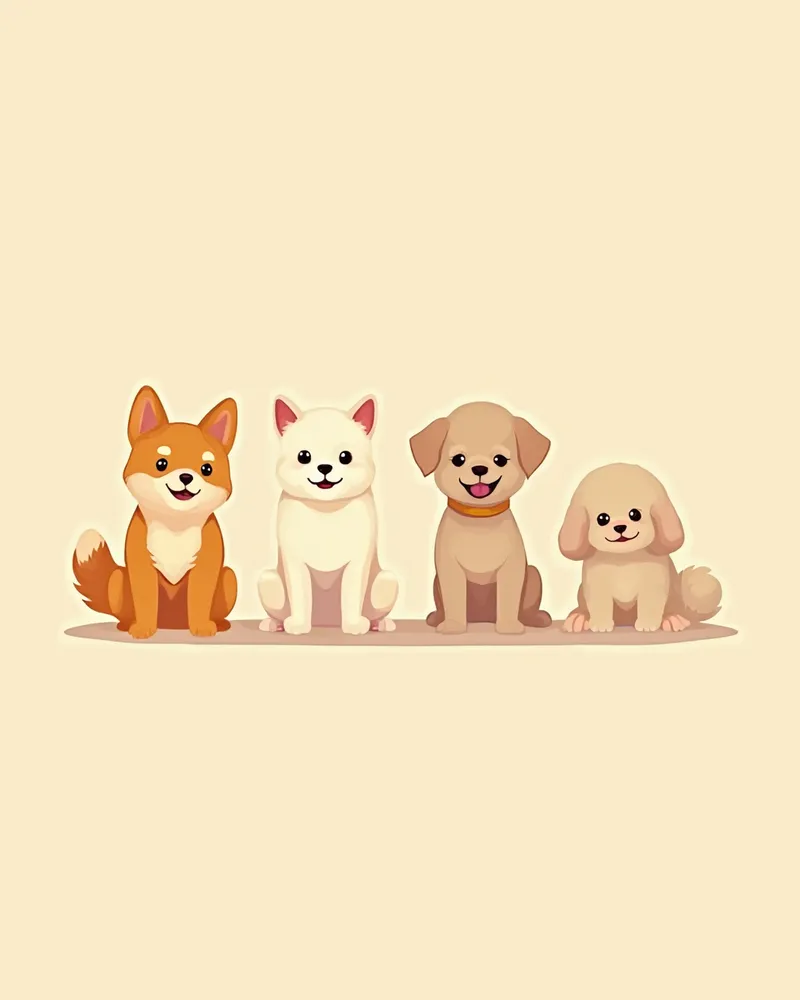 털 타입이 다른 네 가지 강아지 품종 일러스트