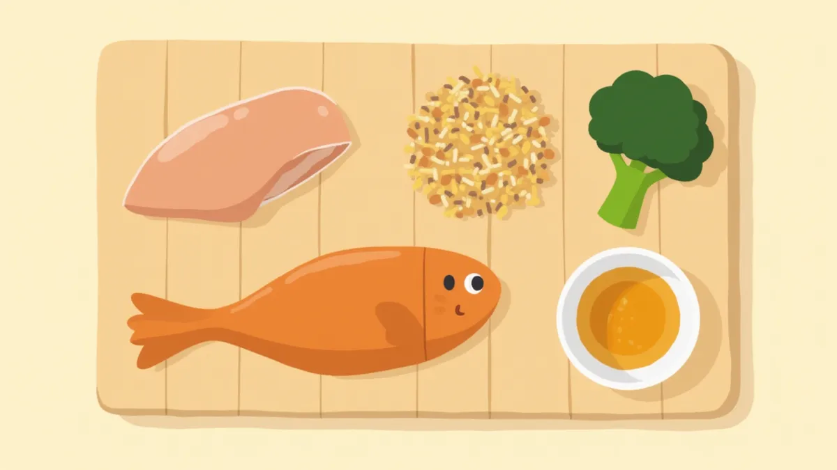 강아지 홈메이드 사료 재료가 도마 위에 정갈하게 놓인 모습