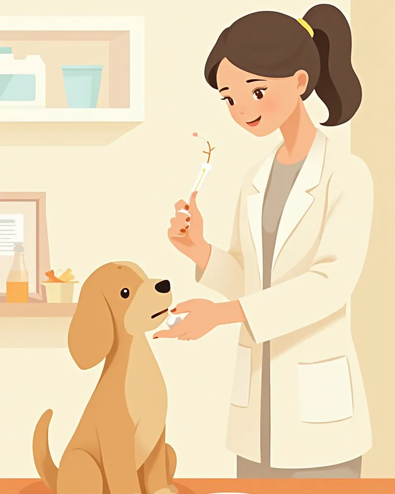 수의사가 강아지에게 구충제를 투여하는 모습