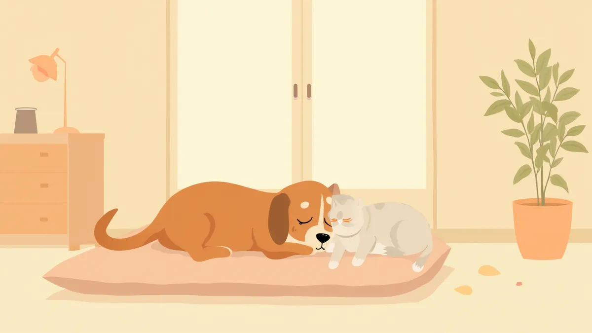 편안한 거실에서 함께 쉬고 있는 노령 반려동물