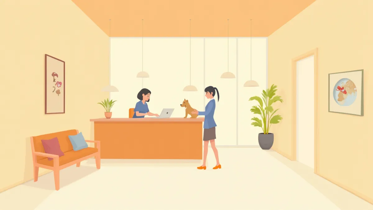 반려동물 호텔 체크인 카운터에서 강아지가 입실 수속을 받는 모습