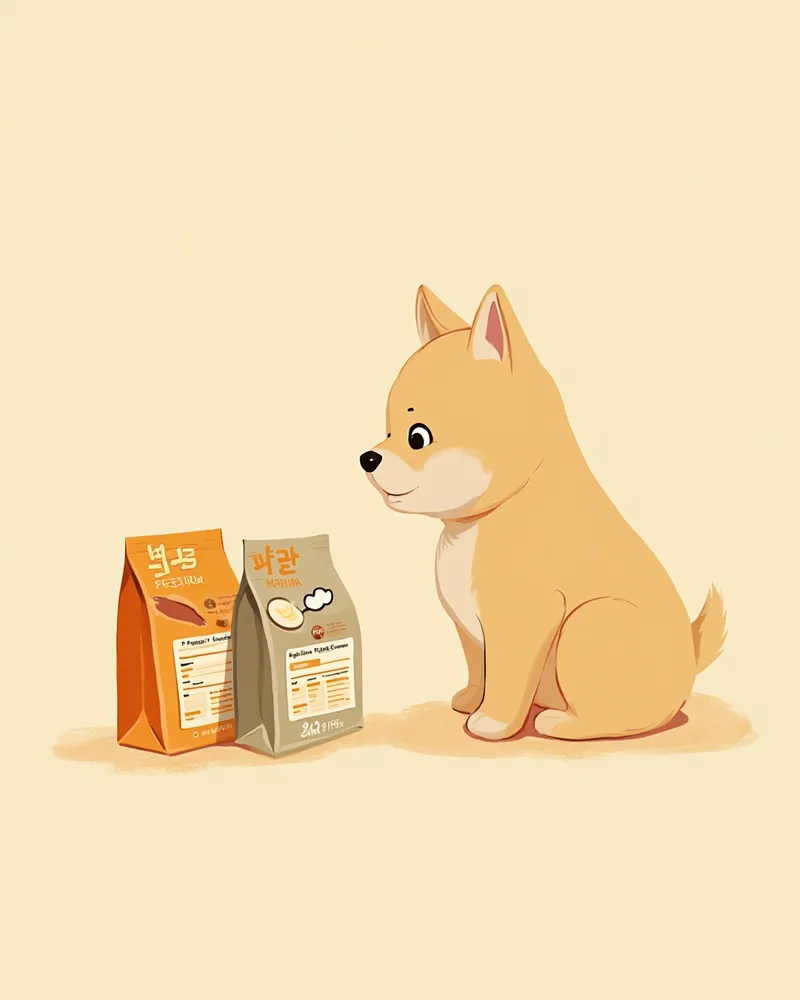 사료 성분표를 비교하는 모습의 강아지 일러스트