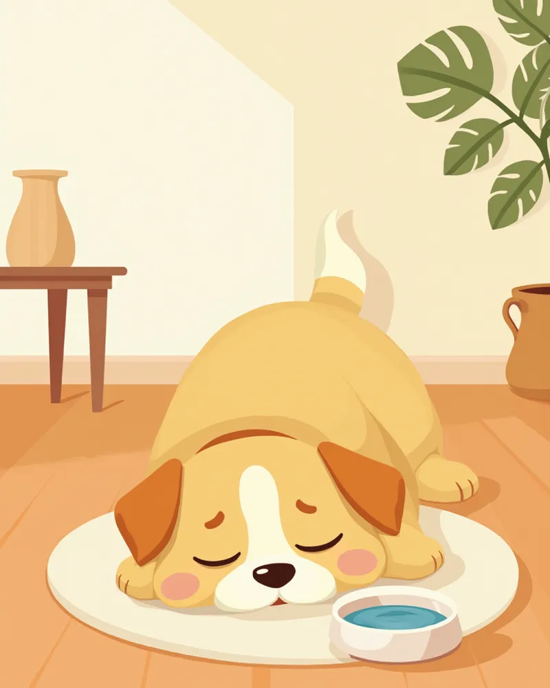 물그릇 옆에 무기력하게 누워 있는 강아지