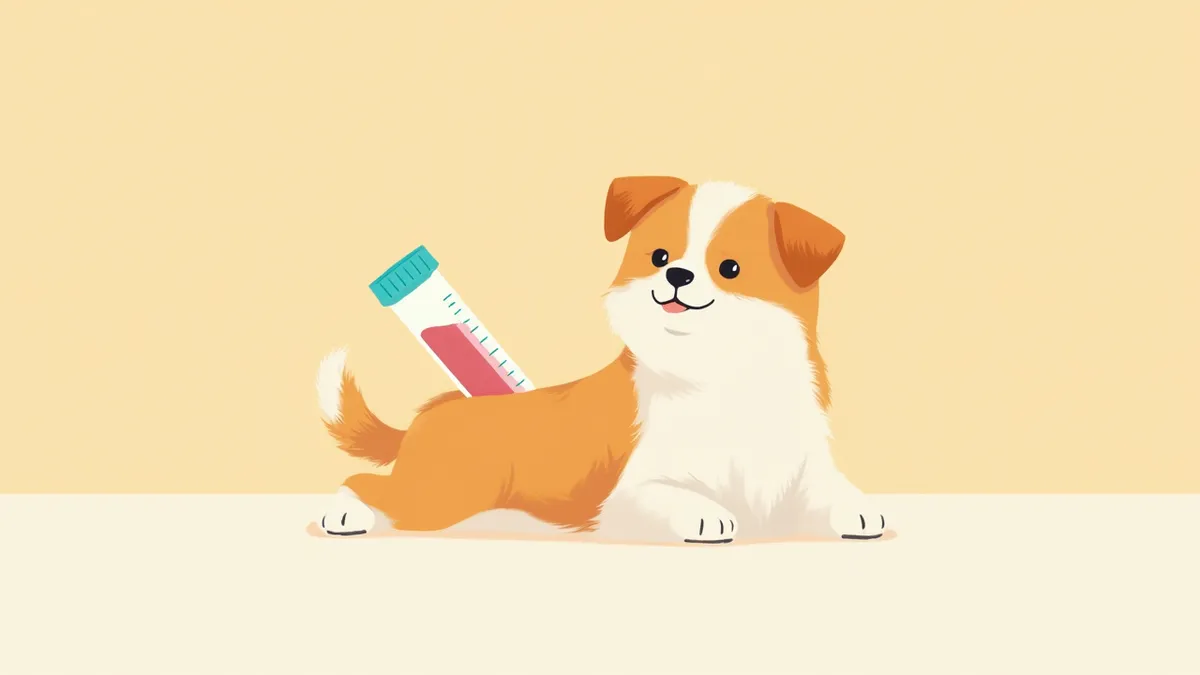 혼탁한 지방혈 샘플을 확인하는 수의사와 강아지