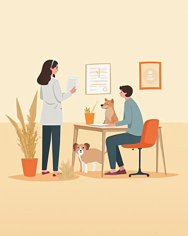 수의사가 보호자에게 IHC 검사 결과를 설명하는 진료실 장면