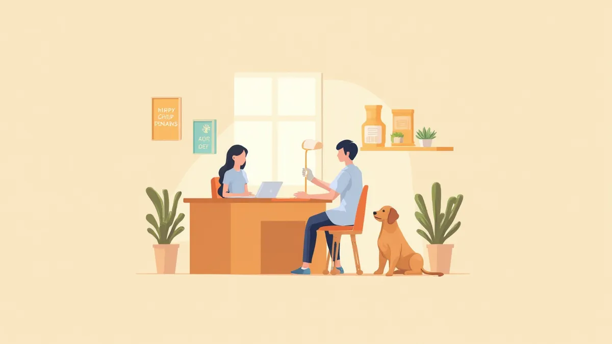 수의사가 보호자에게 반려동물 면역항암 치료를 설명하는 모습