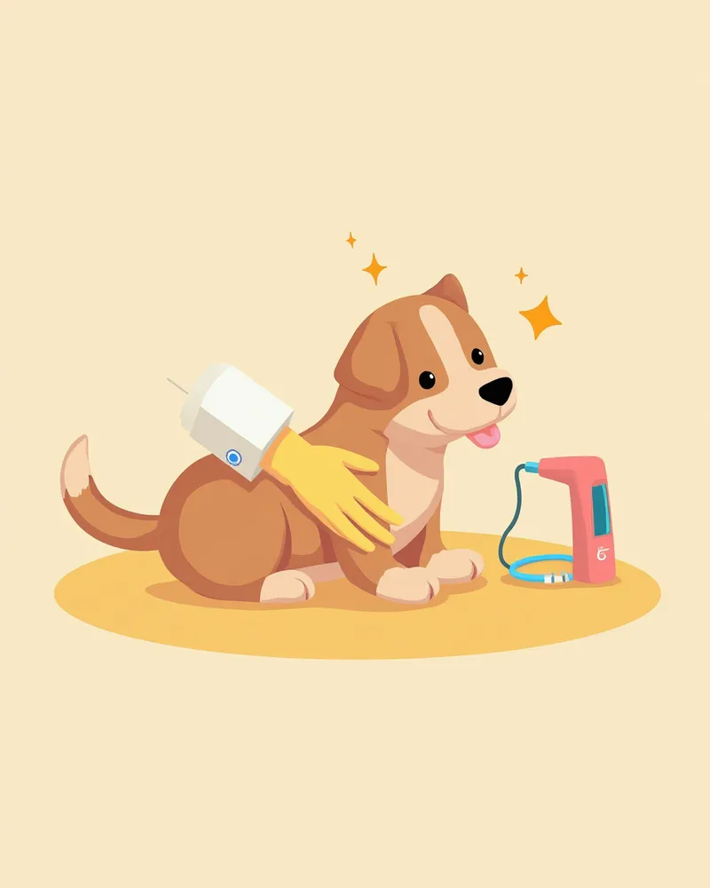 수의사가 강아지 절개부의 열감과 상태를 확인하는 일러스트