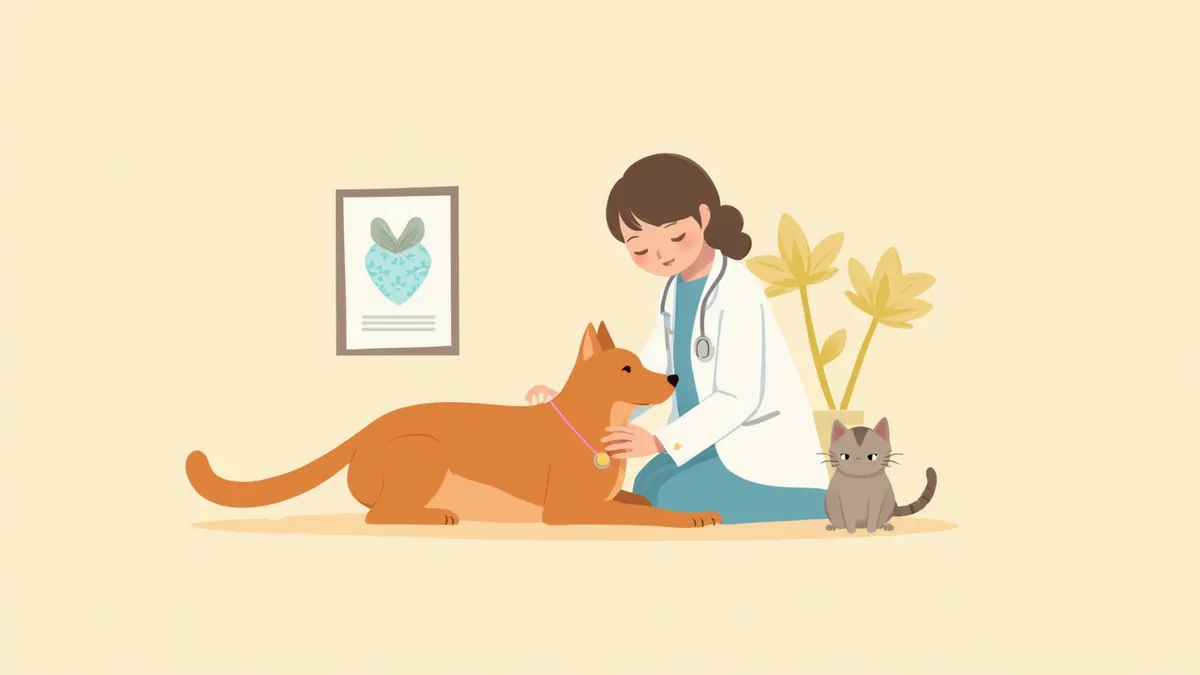 강아지 어깨의 혹을 진찰하는 수의사 일러스트