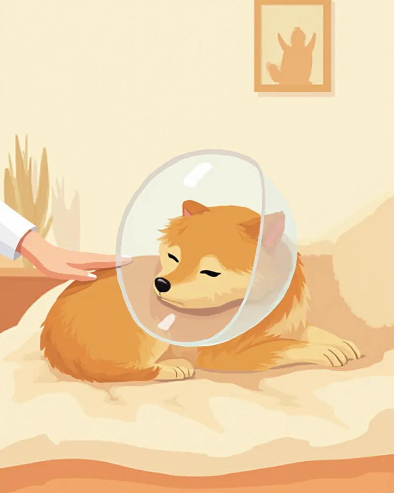 넥카라를 쓰고 집에서 회복 중인 강아지