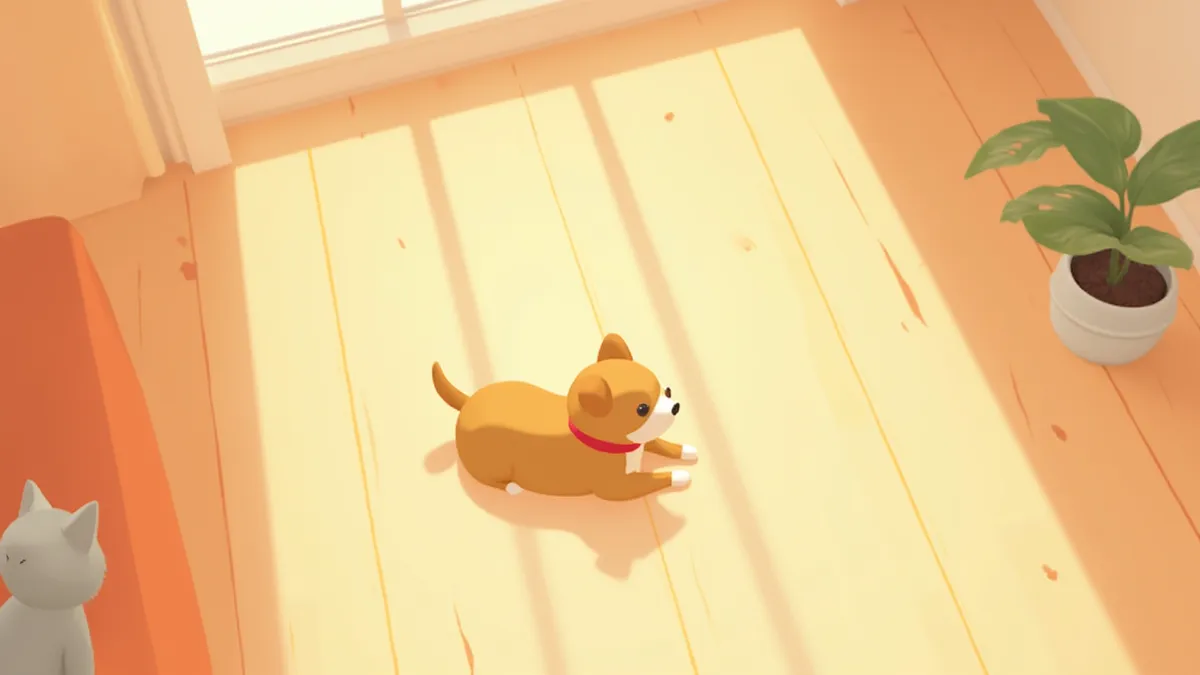 햇빛 속 먼지가 보이는 거실 바닥에 누운 강아지와 소파의 고양이