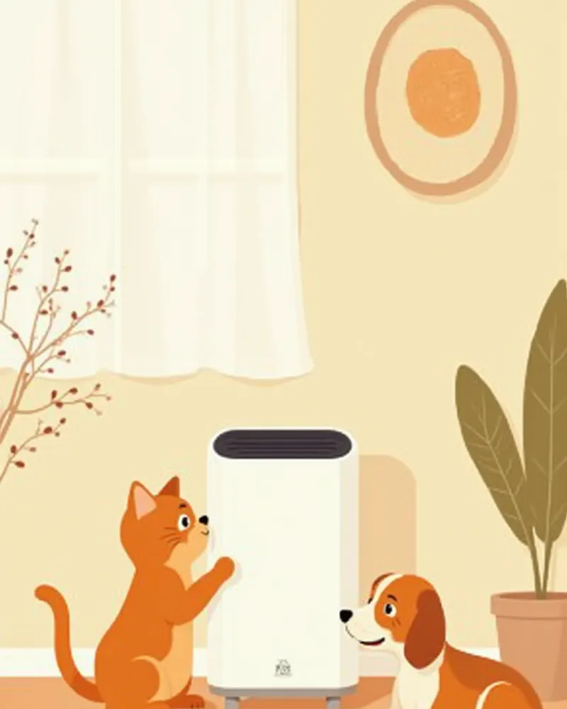 공기청정기에 관심을 보이는 고양이와 비글