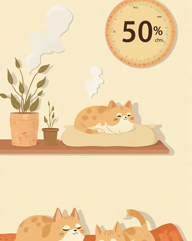 온습도계와 가습기 옆에서 쉬는 고양이와 강아지