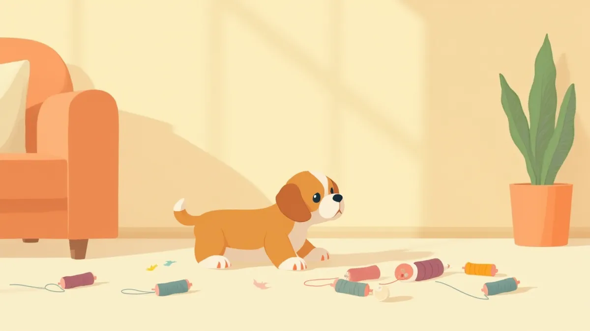 바느질 실이 흩어진 바닥 옆에 앉아 있는 강아지