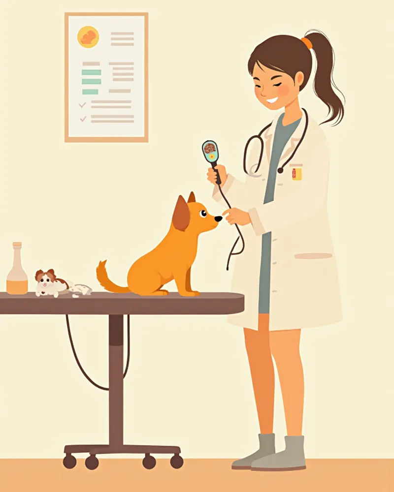 동물병원에서 초음파로 강아지를 진찰하는 수의사