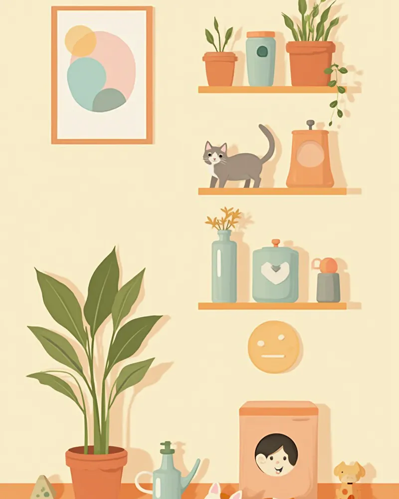 정리된 바느질 도구와 반려동물 장난감이 놓인 안전한 실내