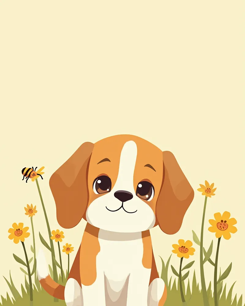 마당에서 꽃 근처의 벌을 바라보는 비글 강아지