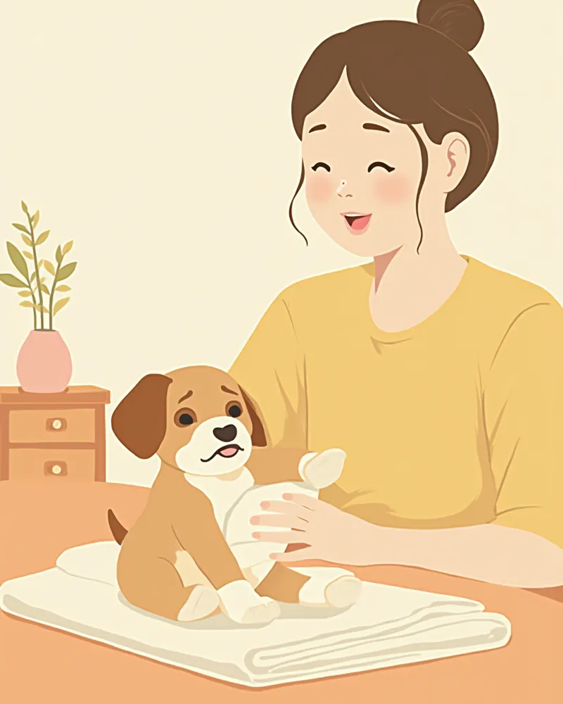 보호자가 강아지의 부은 발에 냉찜질을 하는 모습