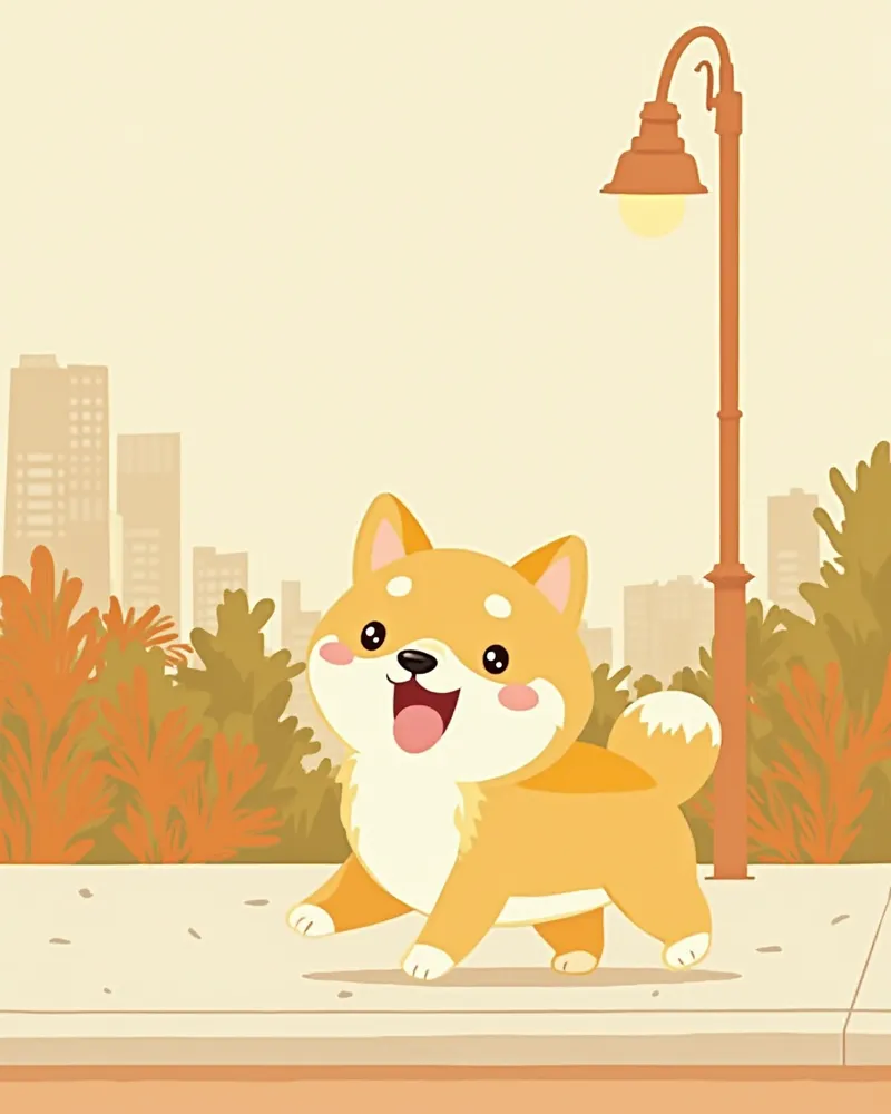 이른 아침 산책 중인 시바견과 보호자