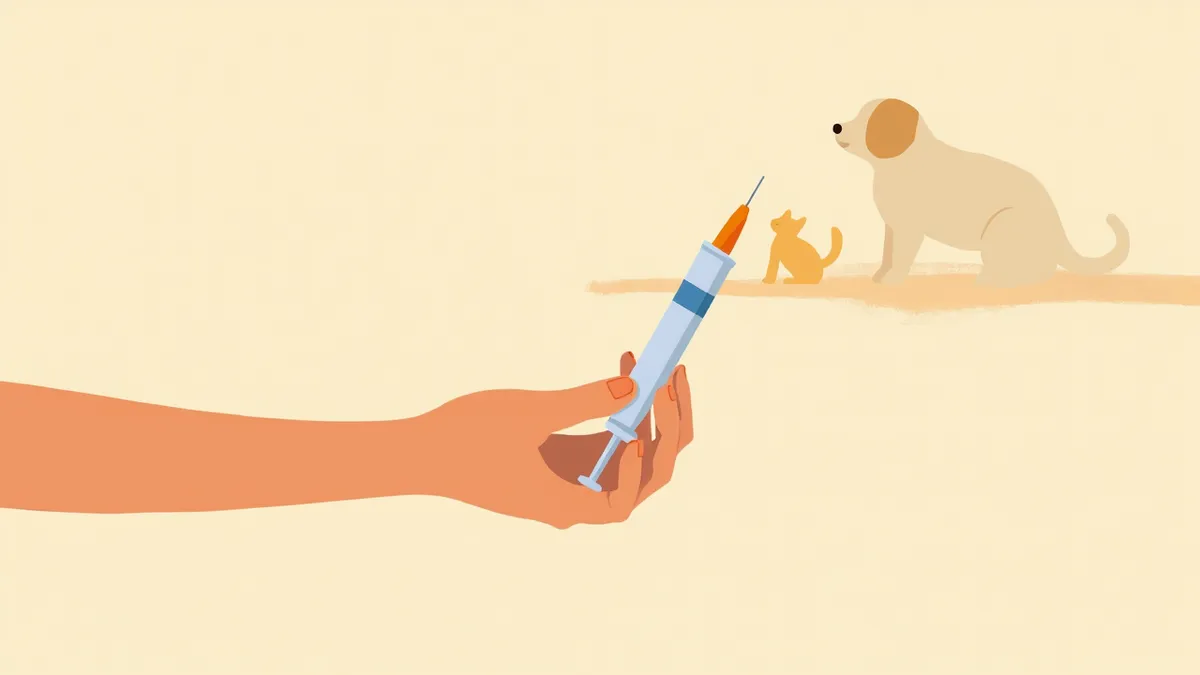 인슐린 주사기를 들고 투여법을 설명하는 수의사와 보호자
