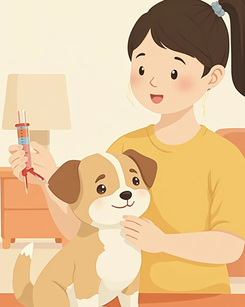 강아지 목덜미 피하에 인슐린을 주사하는 모습