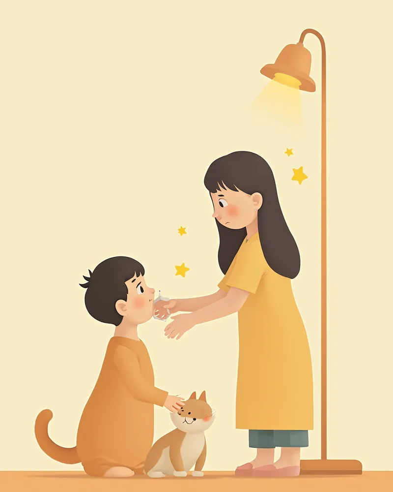 저혈당 증상을 보이는 고양이의 잇몸에 꿀을 발라주는 보호자