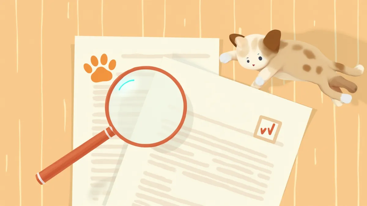 강아지와 고양이 옆에 놓인 펫보험 비교 서류