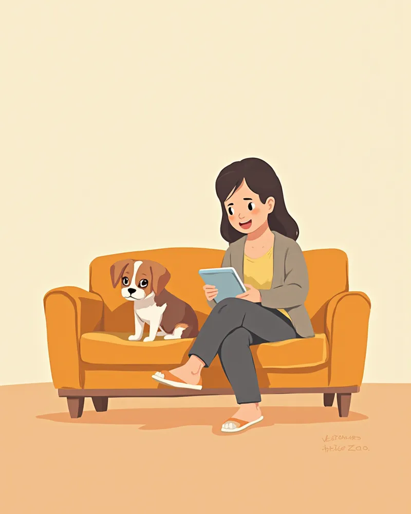 보험 상품을 비교하며 태블릿을 보는 보호자와 강아지