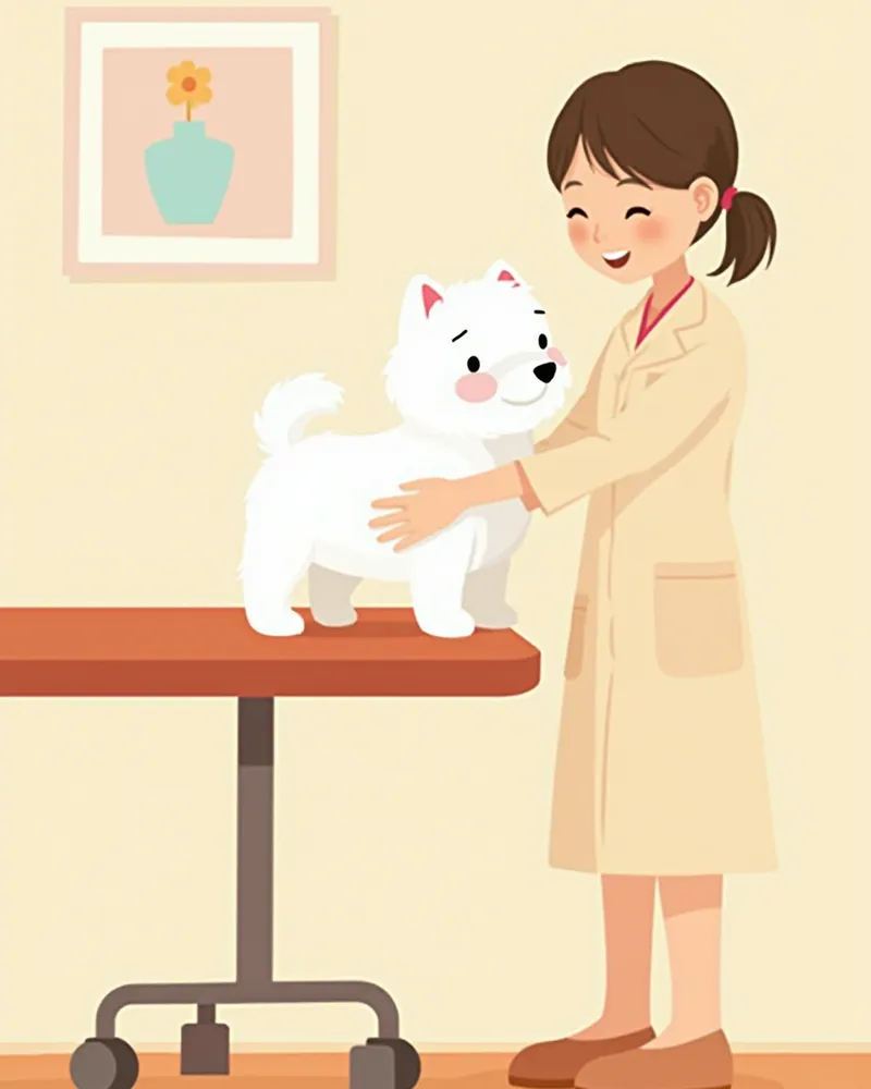 진료를 받는 작은 강아지와 수의사