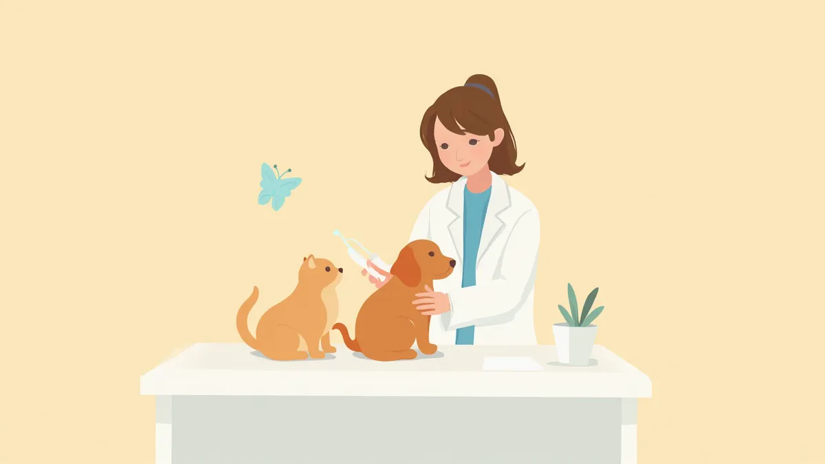 수의사가 강아지와 고양이를 검진하는 모습