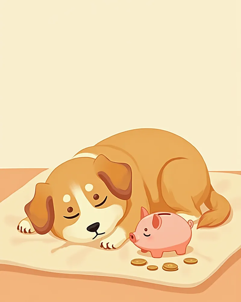 노령견 옆에 있는 저금통과 동전