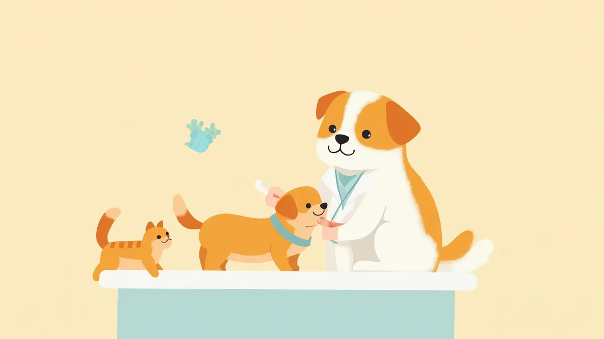 수의사가 강아지에게 구충제를 먹이고 고양이가 옆에서 기다리는 모습