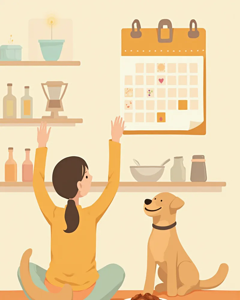 달력에 구충 날짜를 표시하고 사료와 구충제를 준비한 모습