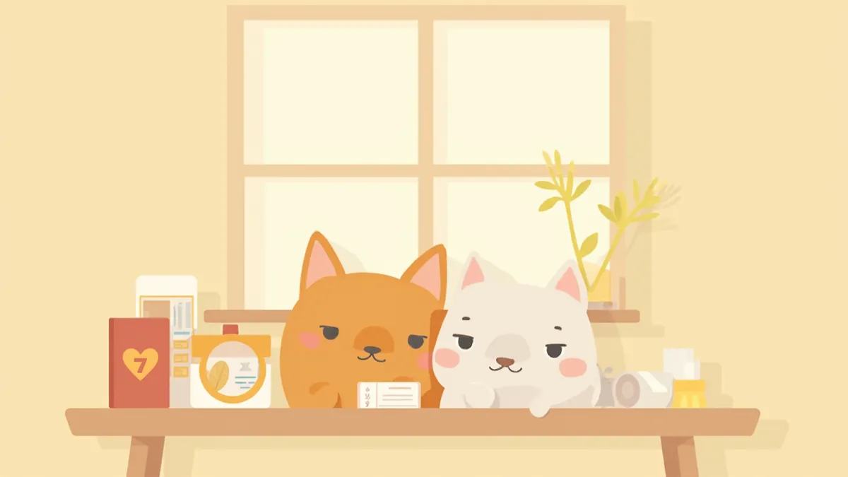 여권과 건강증명서 옆에 앉아 있는 강아지와 고양이