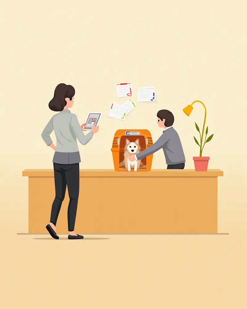 공항 검역 카운터에서 마이크로칩 스캔 받는 강아지 캐리어