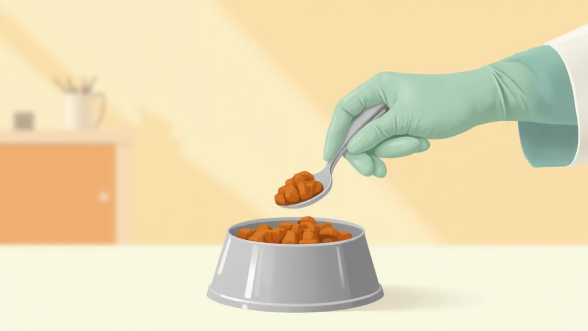 수의사가 장 처방식 사료를 그릇에 담아주는 모습