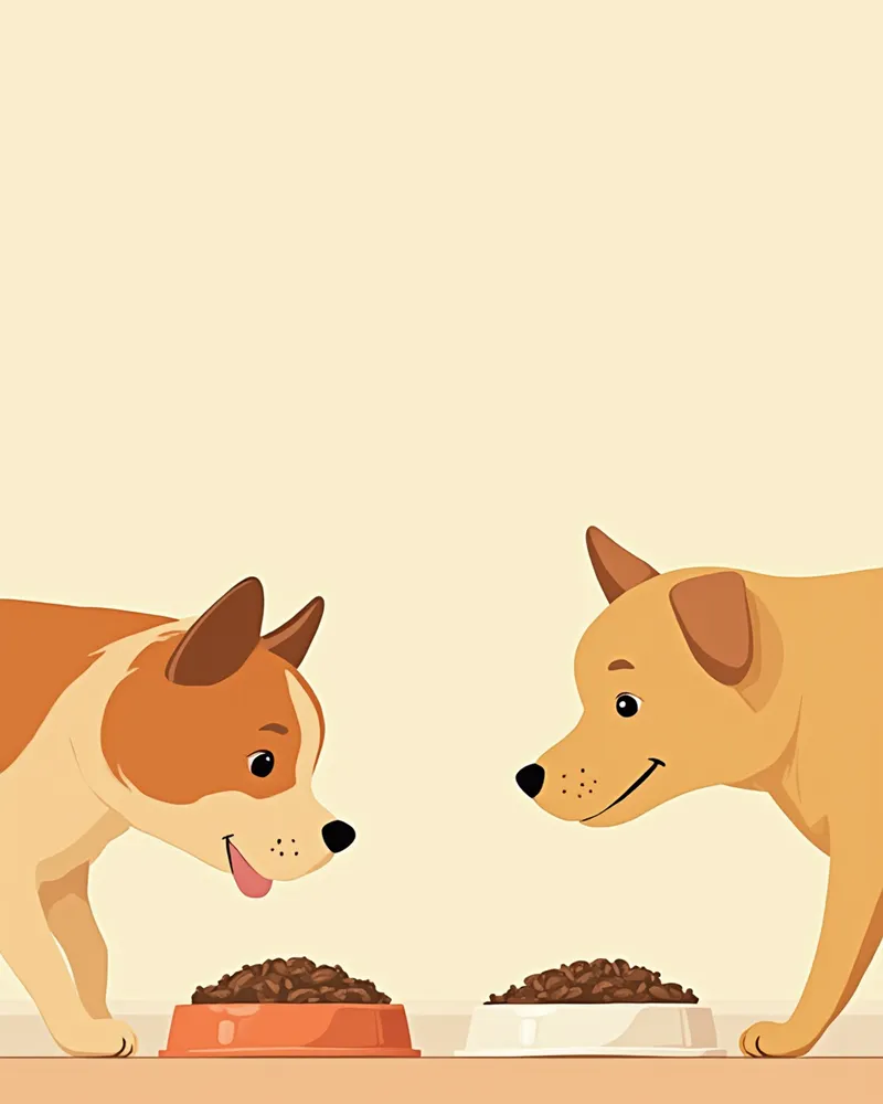 두 종류의 사료를 비교하며 냄새를 맡는 강아지