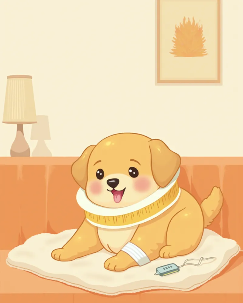 카테터를 달고 넥카라를 쓴 강아지가 집에서 쉬는 모습